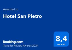 Ett certifikat, pris eller annat dokument som visas upp på Hotel San Pietro