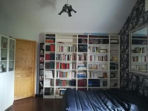 um quarto com uma prateleira cheia de livros em 60 m2 Etage Entièrement pour vous Calme et activités em Cras