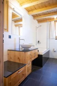 uma casa de banho com um lavatório e uma cabina de duche em vidro. em Chasa Costa dad Archas Maisonette Wohnung em Scuol