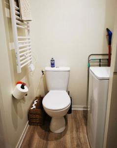 a bathroom with a white toilet and a sink at Studio 29 in Nîmes