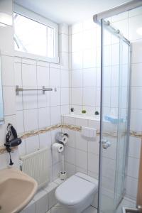 ein Bad mit einem WC und einem Waschbecken in der Unterkunft Hotel Stadt Völklingen in Citylage in Völklingen