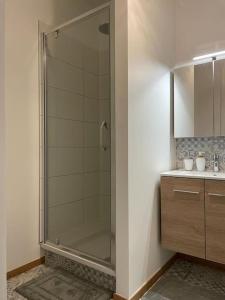 a bathroom with a glass shower and a sink at Suite 26-Appartement au coeur de Namur in Namur