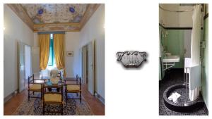 un soggiorno con tavolo, sedie e soffitto di Villa Alta - Residenza d'epoca con piscina a San Giuliano Terme