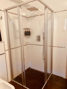 a shower with glass doors in a bathroom at Hesp Guest House in Hesperange
