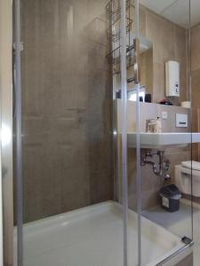 a shower with a glass door in a bathroom at RIVER SIDE near FRANKFURT ----- STAY LIKE AT HOME ----- in Hainburg