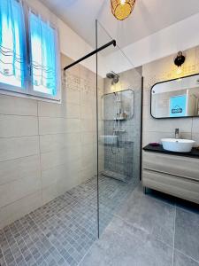 ein Bad mit einer Dusche und einem Waschbecken in der Unterkunft Le refuge Champenois in Verneuil