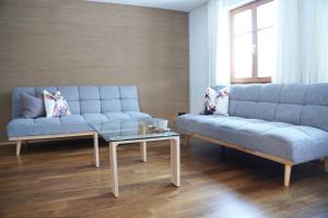 a living room with two blue couches and a coffee table at Landwohnung in Lingenau