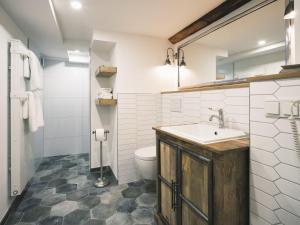 een badkamer met een wastafel en een toilet bij Flecker Hotel in Freudenberg