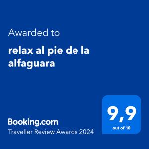 ใบรับรอง รางวัล เครื่องหมาย หรือเอกสารอื่น ๆ ที่จัดแสดงไว้ที่ relax al pie de la alfaguara