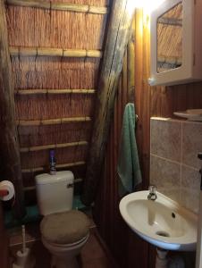 a small bathroom with a toilet and a sink at Hedgehog Cabin in Marloth Park