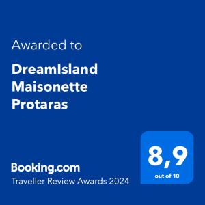 Palkinto, sertifikaatti, kyltti tai muu asiakirja, joka on esillä majoituspaikassa DreamIsland Maisonette Protaras