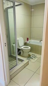 a bathroom with a toilet and a glass shower door at 74 Chapel Towers - City Centre in Cape Town