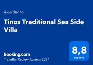 Majutusasutuses Tinos Traditional Sea Side Villa olev sertifikaat, autasu, silt või muu dokument