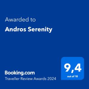Ett certifikat, pris eller annat dokument som visas upp på Andros Serenity Adults Only Residences