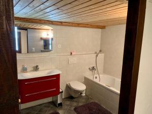 uma casa de banho com um lavatório, um WC e uma banheira em Chalet typique tout confort avec studio en dessous em Hérémence