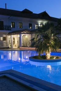 a swimming pool with a palm tree in front of a building at Hotel Rezi in Parga