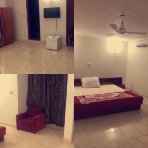 twee foto's van een slaapkamer met een bed en een stoel bij Etna Apartments in Takoradi