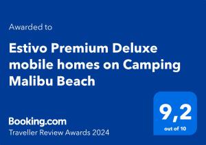 Sertifikatas, apdovanojimas, ženklas ar kitas apgyvendinimo įstaigoje Estivo Premium Deluxe mobile homes on Camping Malibu Beach matomas dokumentas