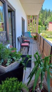 een patio met stoelen en planten op een balkon bij Landhaus Almdorf in Sankt Johann in Tirol