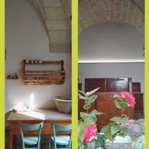 twee afbeeldingen van een keuken en een eetkamer met een tafel bij Casa del Glicine Andrano in Andrano