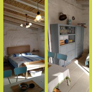 twee foto's van een slaapkamer met een bed en een tafel bij Casa del Glicine Andrano in Andrano