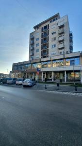 Un gran edificio con coches aparcados delante. en Negotin Centar Apartman II, en Negotin