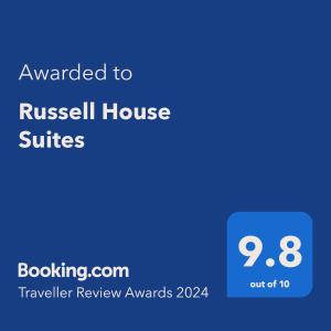 Russell House Suites tesisinde sergilenen bir sertifika, ödül, işaret veya başka bir belge