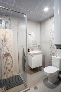 een badkamer met een douche, een toilet en een wastafel bij Aparatment Riverside 2 in Ruse