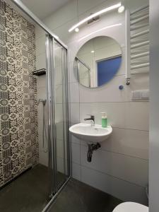 een badkamer met een douche, een wastafel en een spiegel bij Willa Dorota in Krynica Zdrój