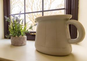 un jarrón blanco sentado en el alféizar de una ventana con dos plantas en Lindisfarne Cottage, en Beadnell