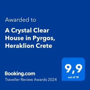 Certifikát, hodnocení, plakát nebo jiný dokument vystavený v ubytování A Crystal Clear House in Pyrgos, Heraklion Crete