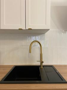a kitchen sink with a brass faucet and white cabinets at Appartement cosy in Soufflenheim