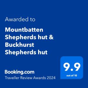 Certifikát, hodnocení, plakát nebo jiný dokument vystavený v ubytování Mountbatten Shepherds hut & Buckhurst Shepherds hut