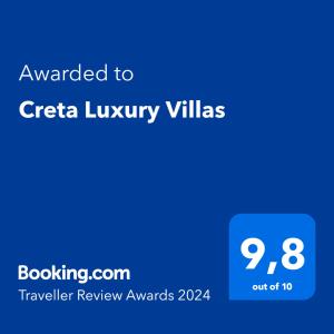 a blue phone screen with the text awarded to cfica luxury villas at Creta Luxury Villas in Heraklio