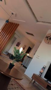 ein Wohnzimmer mit einem Tisch und einer Topfpflanze in der Unterkunft BH villa in Houmt Souk