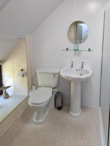 a bathroom with a toilet and a sink at The Hayloft in Beadnell
