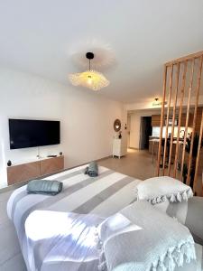 1 dormitorio con 1 cama grande y TV de pantalla plana en Appartement neuf coup de coeur entre Èze et Monaco, en Èze