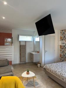 a living room with a bed and a tv on the ceiling at Terre et Mer in Favières
