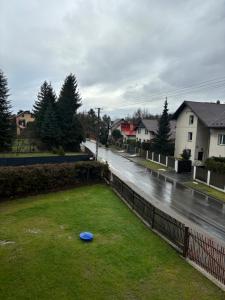 a blue frisbee on the grass on a rainy street at U Hrabiego in Krzeszowice