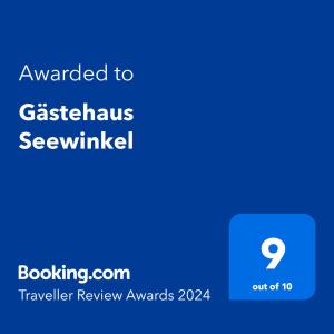 Certifikát, hodnocení, plakát nebo jiný dokument vystavený v ubytování Gästehaus Seewinkel