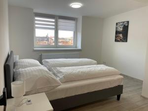a bedroom with two beds and a window at apartmantt in Cheb