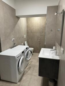 uma casa de banho com uma máquina de lavar roupa e um lavatório em Ambra House em Trezzano sul Naviglio