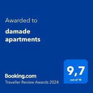 תעודה, פרס, שלט או מסמך אחר המוצג ב-Damade apartments