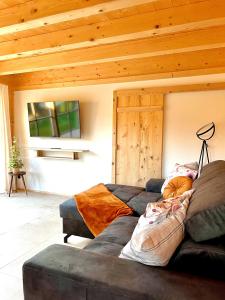 a living room with a couch and a wooden ceiling at Ferienhaus Seerose in Übersee