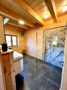 a bathroom with a shower in a wooden ceiling at Ferienhaus Seerose in Übersee +19 photos