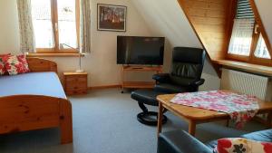 1 dormitorio con 1 cama, 1 silla y TV en Ferienhaus zur Altmühl en Ornbau