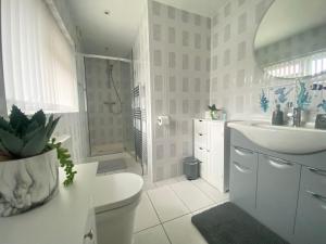 a bathroom with a toilet and a sink and a shower at Cristina Modern in Horley