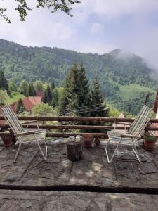 two chairs sitting on a patio with a view of a mountain at Planinska kuća Savić, Kopaonik in Kopaonik