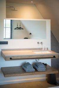 ein Bad mit einem Waschbecken und einem Spiegel in der Unterkunft Den Yzer in Oostvleteren