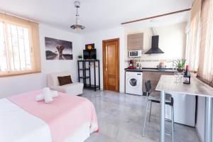 cocina y sala de estar con mesa y sillas rosas en Apartamentos Granata, en Granada